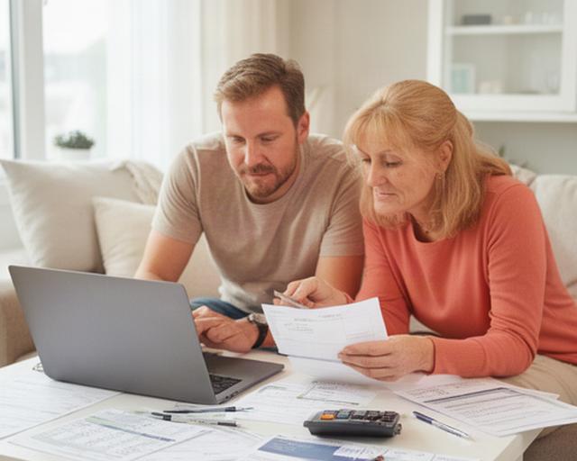 Paar und Einzelperson planen Finanzen am Laptop mit Unterlagen in einem hellen Wohnzimmer in Dormagen